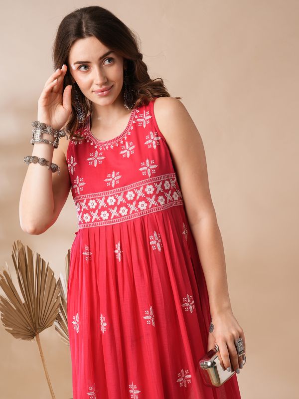 Globus Women Red Floral Embroidered Pleated High-Slit Pom Pom Hem A-Line Kurta & Pants Festive Set
