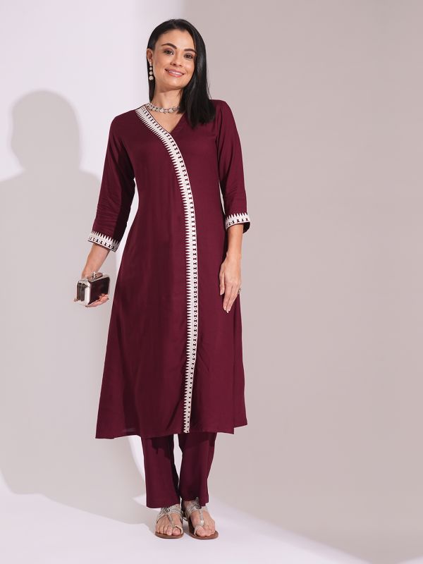 Globus Women Maroon V-Neck Embroidered Lace Details Calf Length A-Line Kurta With Pants Workwear Set