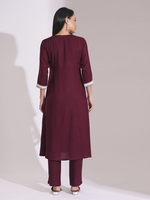 Globus Women Maroon V-Neck Embroidered Lace Details Calf Length A-Line Kurta With Pants Workwear Set