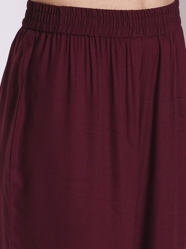 Globus Women Maroon V-Neck Embroidered Lace Details Calf Length A-Line Kurta With Pants Workwear Set