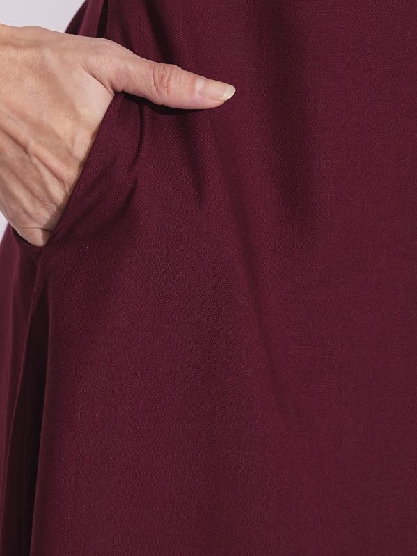 Globus Women Maroon V-Neck Embroidered Lace Details Calf Length A-Line Kurta With Pants Workwear Set