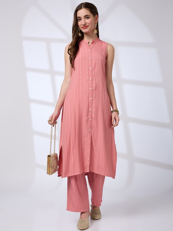 Globus Women Pink Mandarin Collar Woven Design Front Slit A-Line Kurta With Pants Workwear Set