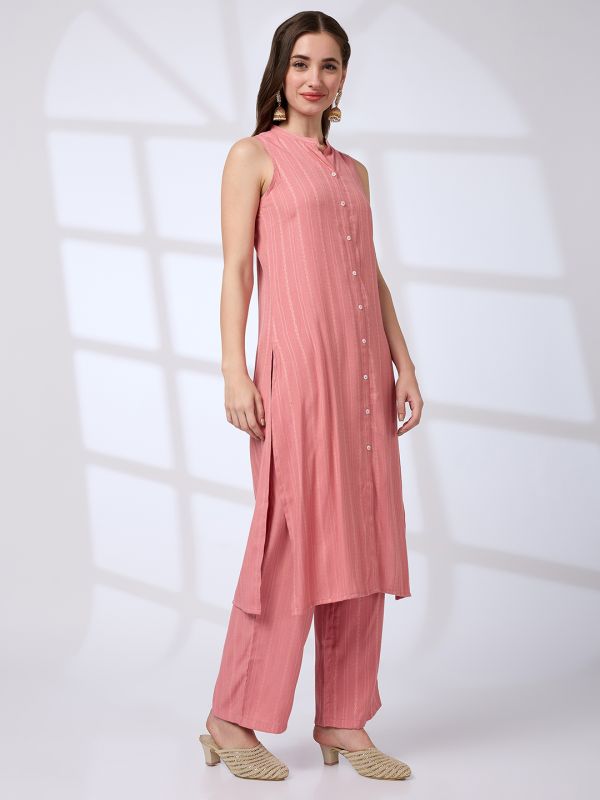 Globus Women Pink Mandarin Collar Woven Design Front Slit A-Line Kurta With Pants Workwear Set