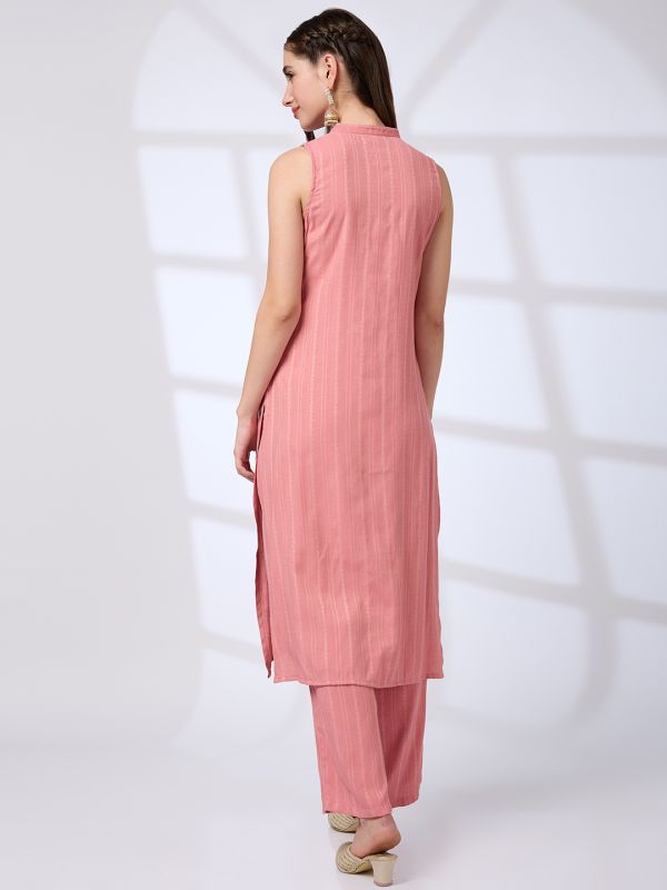 Globus Women Pink Mandarin Collar Woven Design Front Slit A-Line Kurta With Pants Workwear Set