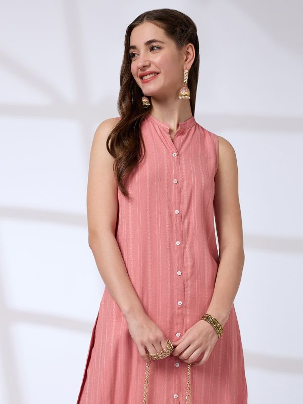 Globus Women Pink Mandarin Collar Woven Design Front Slit A-Line Kurta With Pants Workwear Set