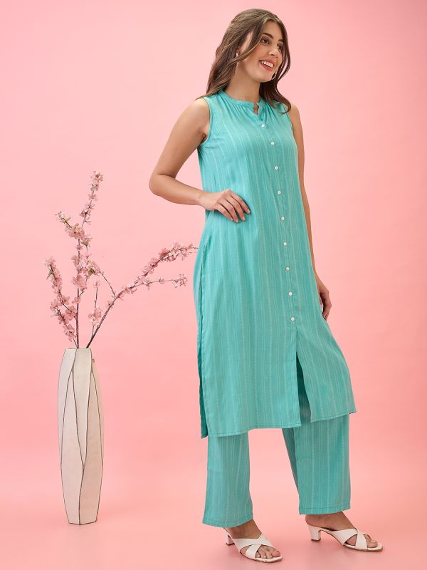 Globus Women Blue Mandarin Collar Woven Design Front Slit A-Line Kurta With Pants Workwear Set