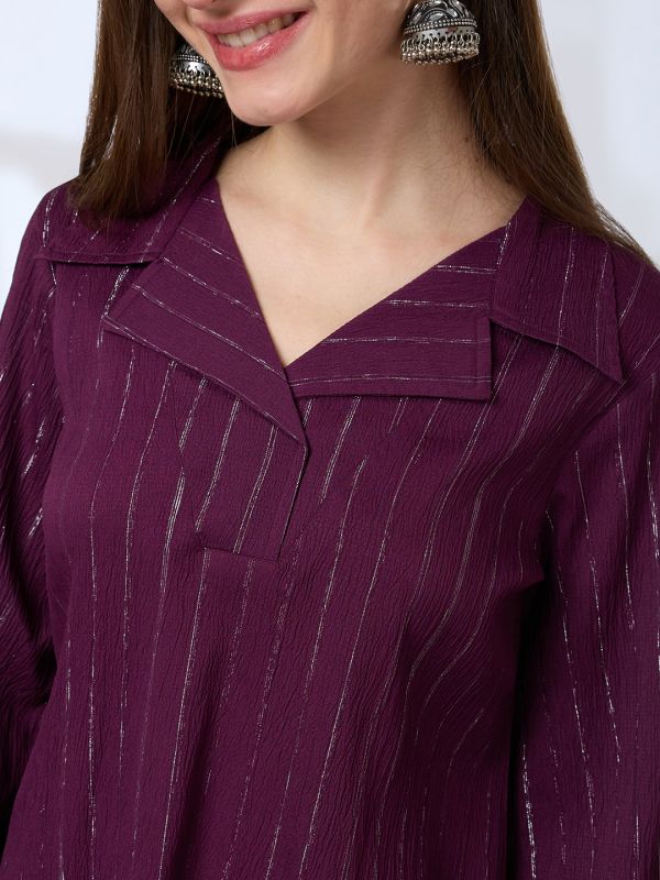 Globus Women Purple Shimmer Woven Design Notched Lapel Bell Sleeves A-Line Kurta With Pants Fusion Set