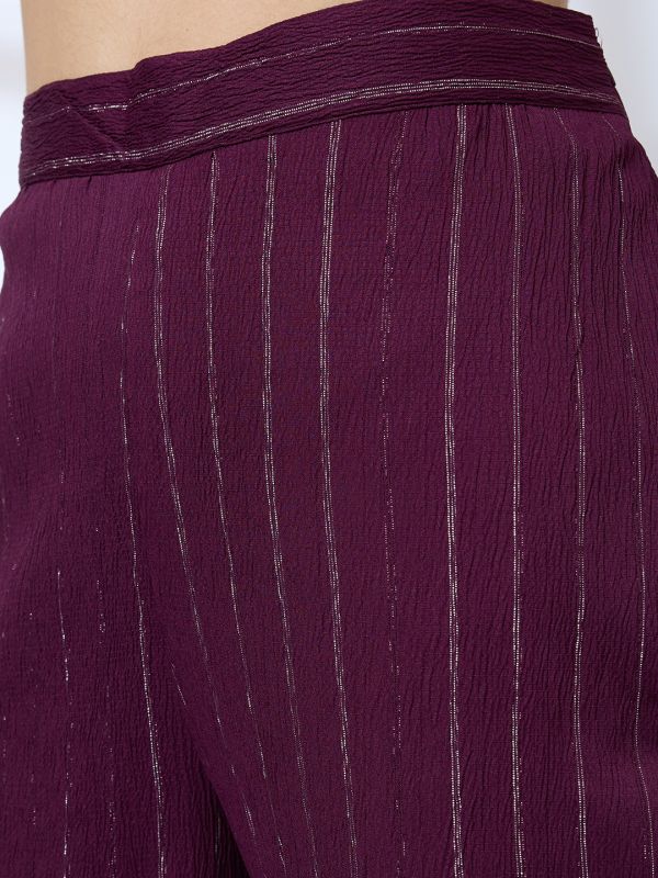 Globus Women Purple Shimmer Woven Design Notched Lapel Bell Sleeves A-Line Kurta With Pants Fusion Set