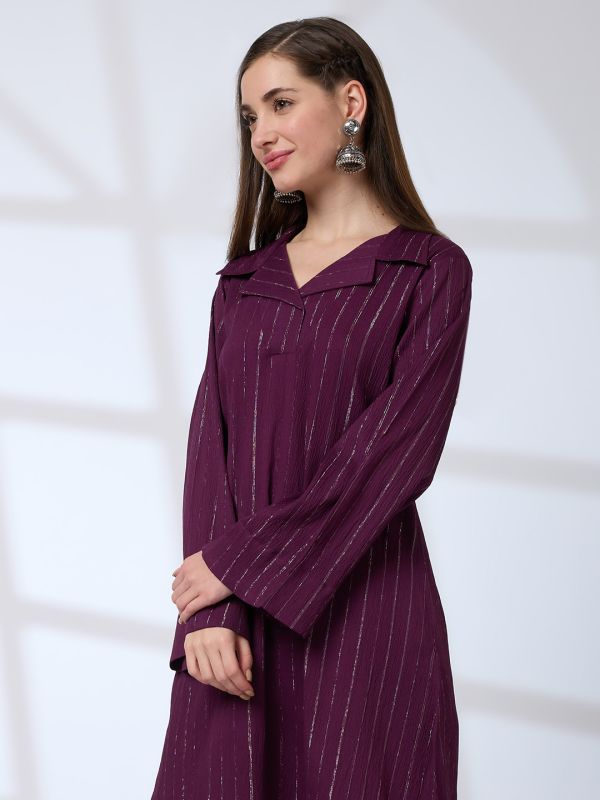 Globus Women Purple Shimmer Woven Design Notched Lapel Bell Sleeves A-Line Kurta With Pants Fusion Set