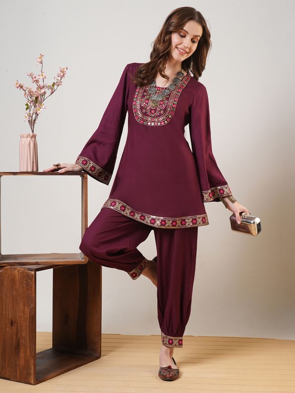 Globus Women Maroon Embroidered Yoke Bell Sleeves Tunic & Elasticated Waist Afghani Pant Fusion Co-Ord Set