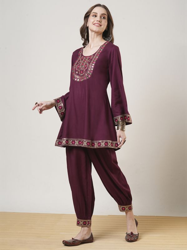 Globus Women Maroon Embroidered Yoke Bell Sleeves Tunic & Elasticated Waist Afghani Pant Fusion Co-Ord Set