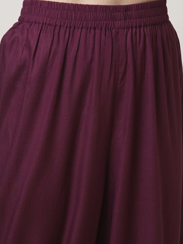 Globus Women Maroon Embroidered Yoke Bell Sleeves Tunic & Elasticated Waist Afghani Pant Fusion Co-Ord Set