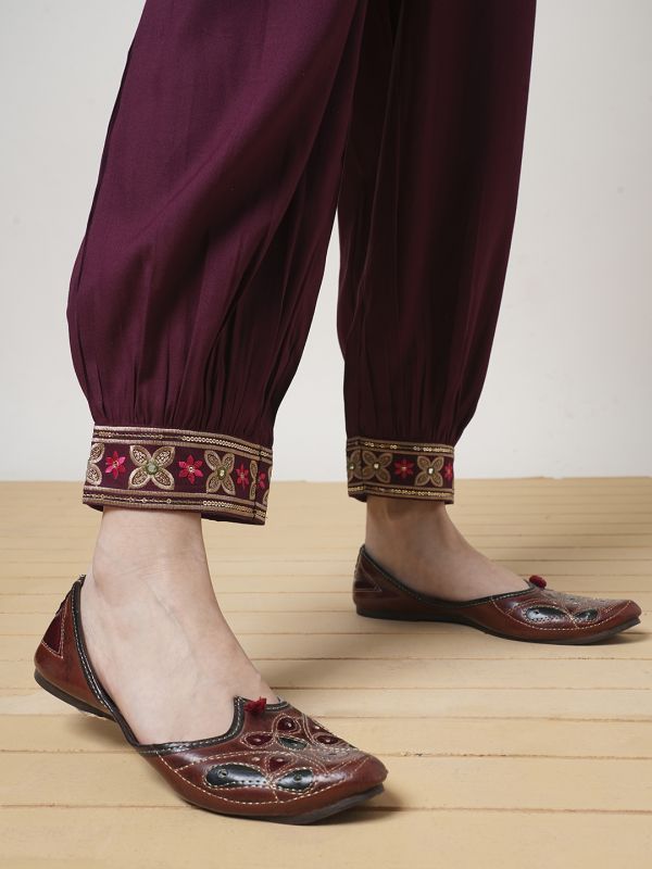 Globus Women Maroon Embroidered Yoke Bell Sleeves Tunic & Elasticated Waist Afghani Pant Fusion Co-Ord Set