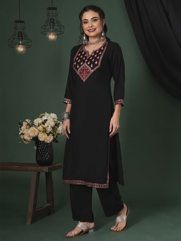 Globus Women Black Sequinned Embroidered Yoke Calf Length Straight Kurta & Pants Ethnic Set
