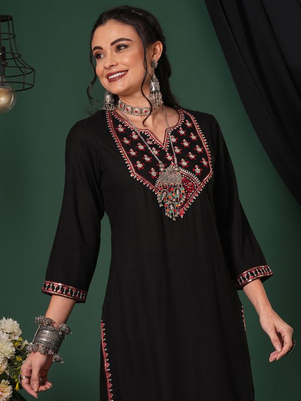 Globus Women Black Sequinned Embroidered Yoke Calf Length Straight Kurta & Pants Ethnic Set
