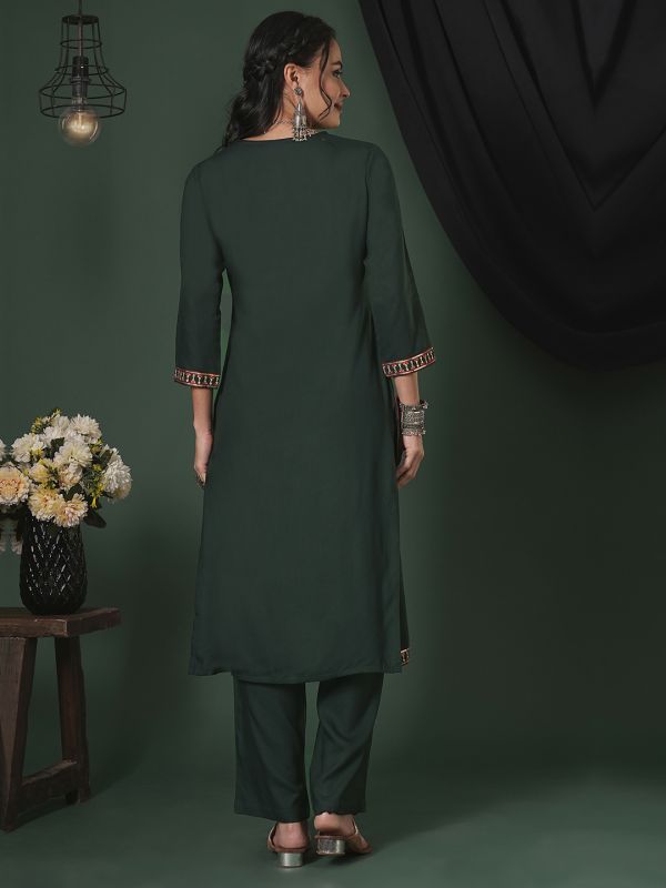 Globus Women Teal Sequinned Embroidered Yoke Calf Length Straight Kurta & Pants Ethnic Set