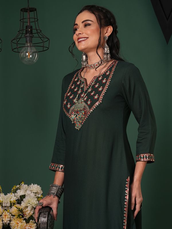 Globus Women Teal Sequinned Embroidered Yoke Calf Length Straight Kurta & Pants Ethnic Set