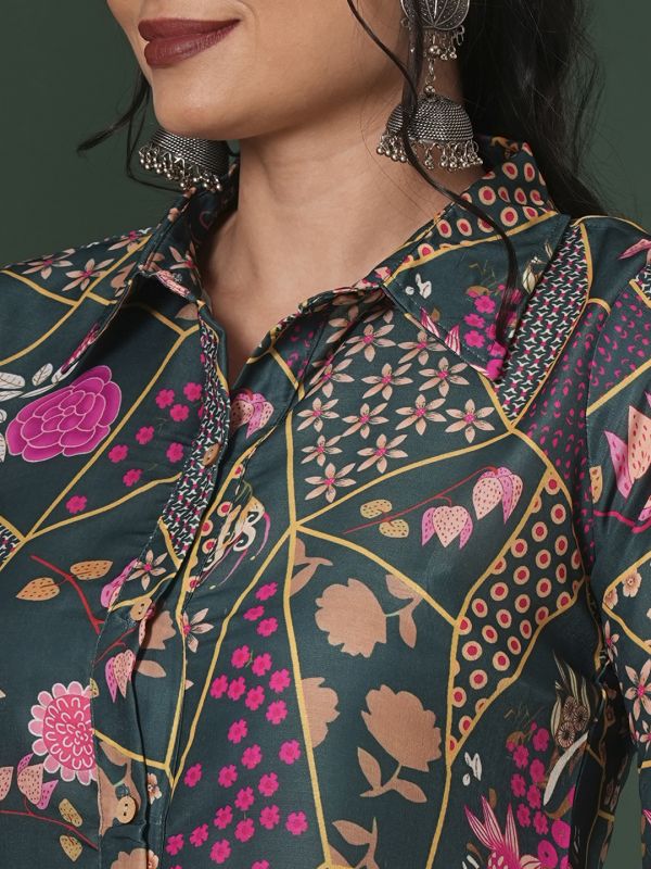 Globus Women Green Abstract Printed Shirt Collar Calf Length Straight Kurta & Pants Fusion Set