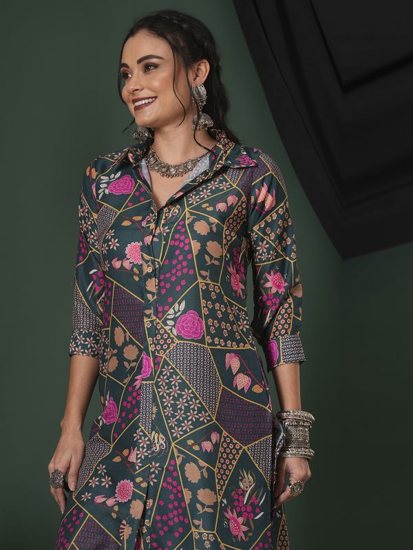 Globus Women Green Abstract Printed Shirt Collar Calf Length Straight Kurta & Pants Fusion Set