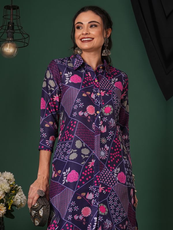 Globus Women Purple Abstract Printed Shirt Collar Calf Length Straight Kurta & Pants Fusion Set