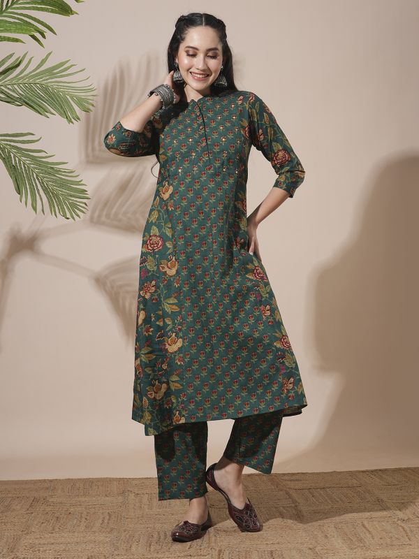 Globus Women Green Floral Print Mandarin Neck Panelled A-Line Kurta With Elasticated Waist Pant Workwear Sets