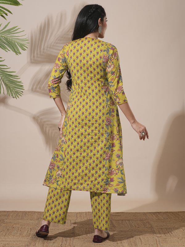 Globus Women Yellow Floral Print Mandarin Neck Panelled A-Line Kurta With Elasticated Waist Pant Workwear Sets