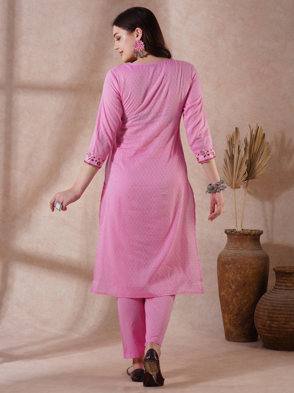 Globus Women Pink Floral Embroidered Yoke Straight Kurta With Pants Festive Set