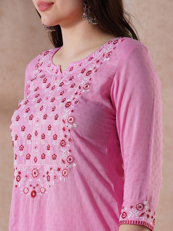 Globus Women Pink Floral Embroidered Yoke Straight Kurta With Pants Festive Set