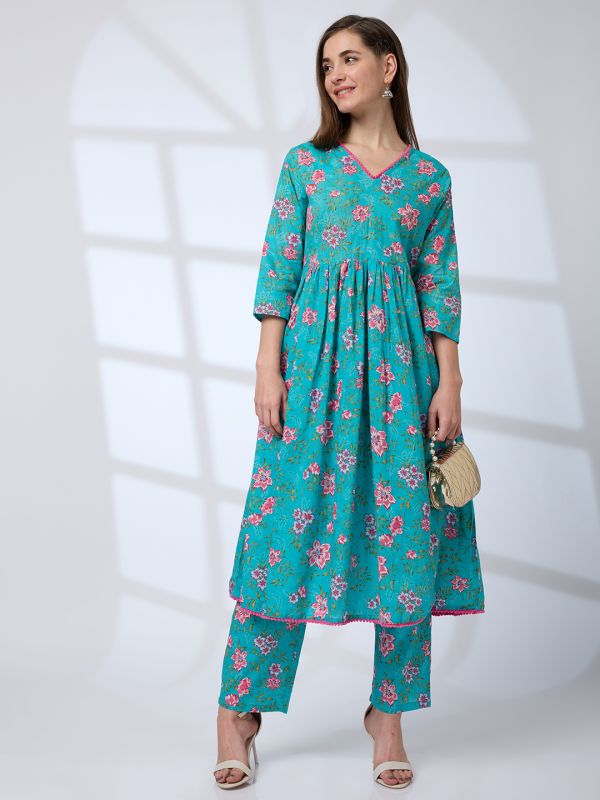Globus Women Blue Pom Pom Lace V-Neck Floral Print Pleated A-Line Kurta With Pants Workwear Set