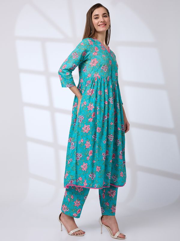 Globus Women Blue Pom Pom Lace V-Neck Floral Print Pleated A-Line Kurta With Pants Workwear Set