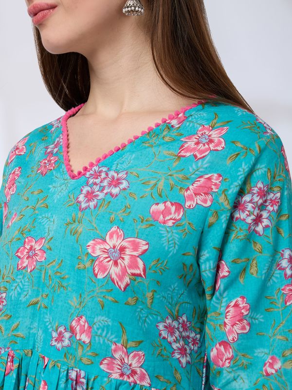Globus Women Blue Pom Pom Lace V-Neck Floral Print Pleated A-Line Kurta With Pants Workwear Set