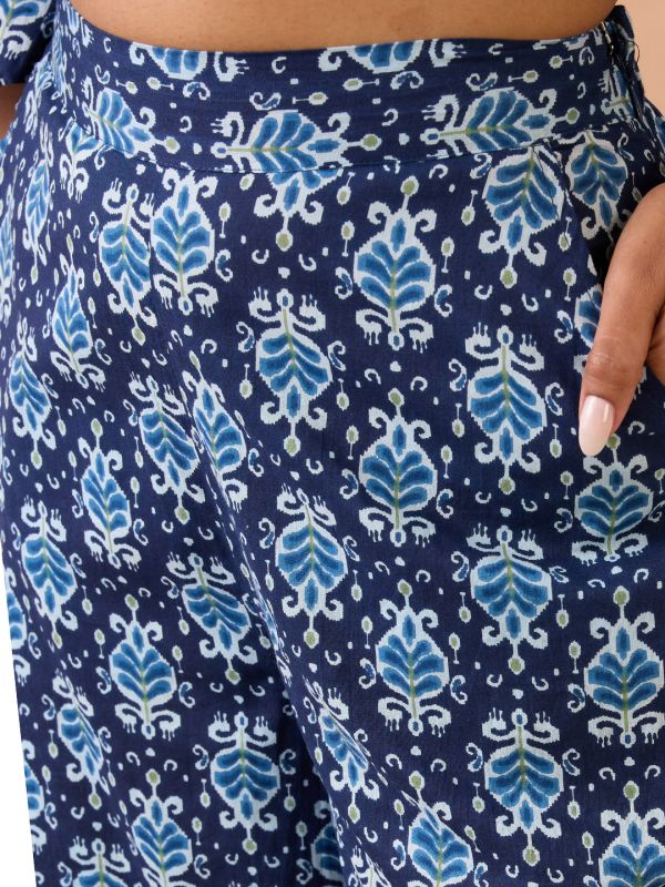 Globus Women Navy Blue Ethnic Print V-Neck Flared Sleeves Crop Top with Wide Leg Trousers Co-Ord Set
