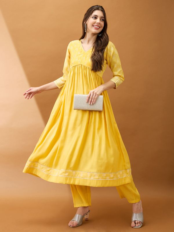 Globus Women Yellow Mirror Work V-Neck Gotta Lace Pleated Flared Hem A-Line Kurta With Pant Set