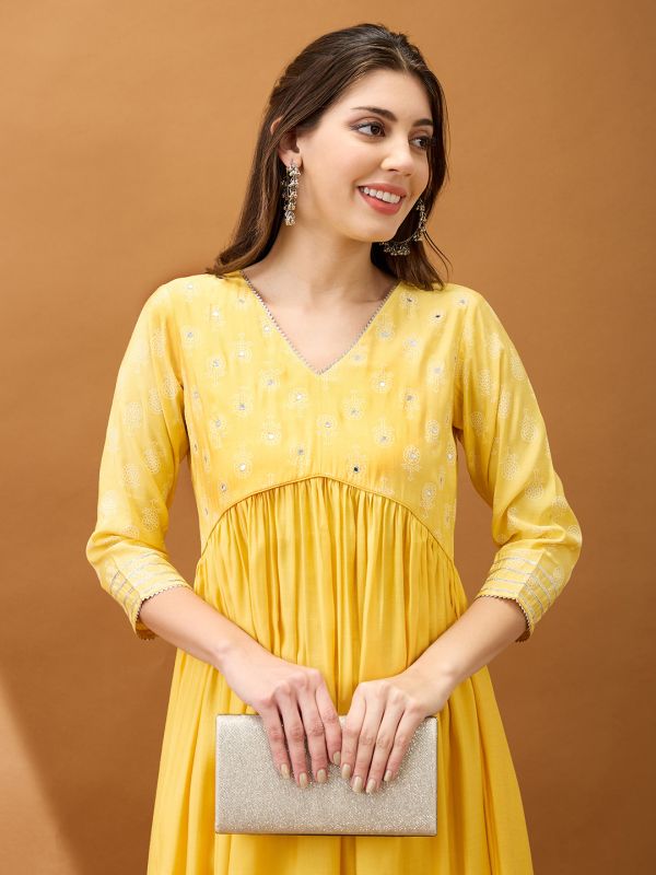 Globus Women Yellow Mirror Work V-Neck Gotta Lace Pleated Flared Hem A-Line Kurta With Pant Set