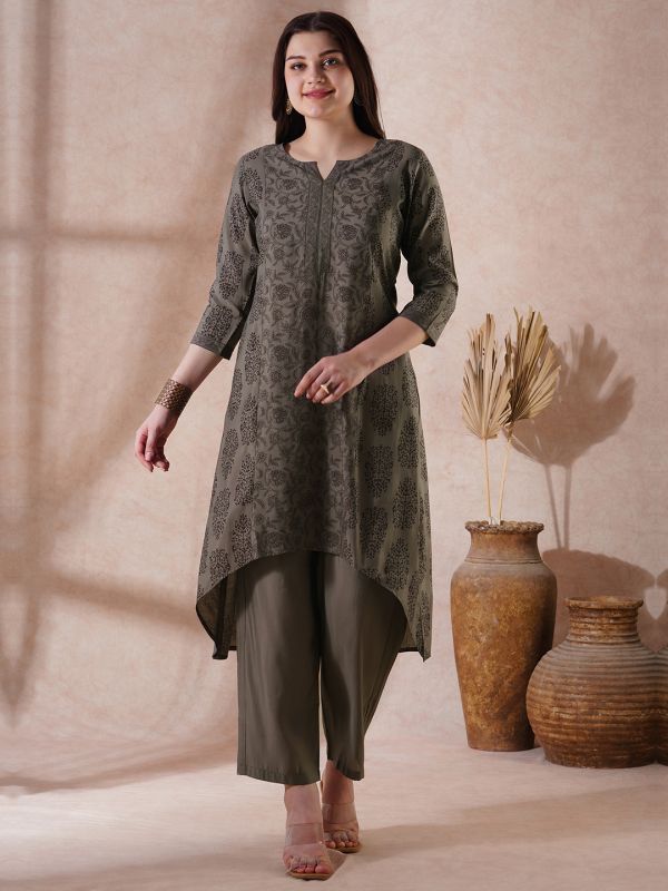 Globus Women Grey Round Neck Allover Floral Print High-Low Hem A-Line Kurta With Pants Festive Set