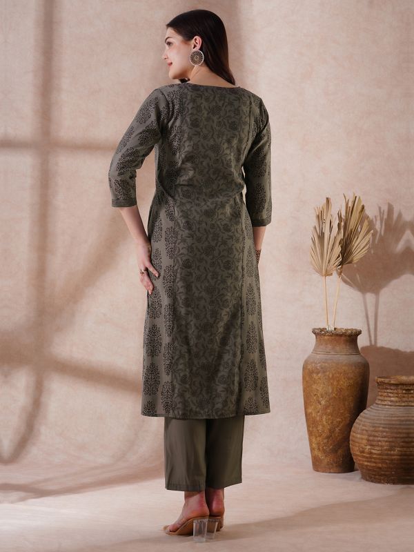 Globus Women Grey Round Neck Allover Floral Print High-Low Hem A-Line Kurta With Pants Festive Set