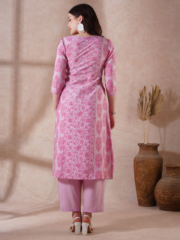Globus Women Pink Round Neck Allover Floral Print High-Low Hem A-Line Kurta With Pants Festive Set