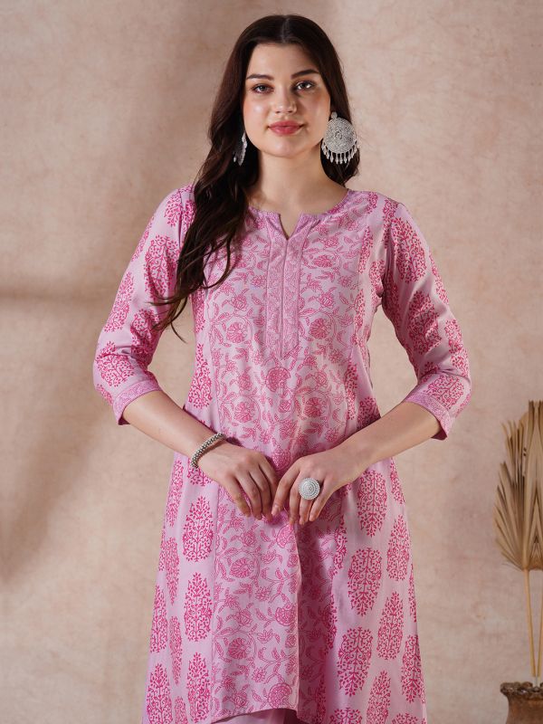 Globus Women Pink Round Neck Allover Floral Print High-Low Hem A-Line Kurta With Pants Festive Set