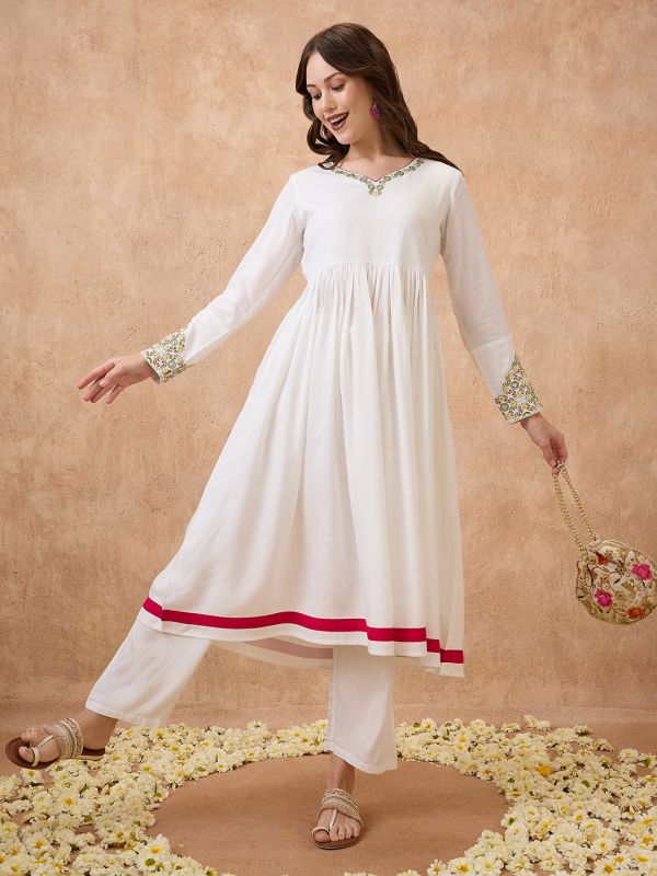 Globus Women Off-White V-Neck Embroidered Hem Long Sleeves Anarkali Kurta & Straight Pant Festive Set