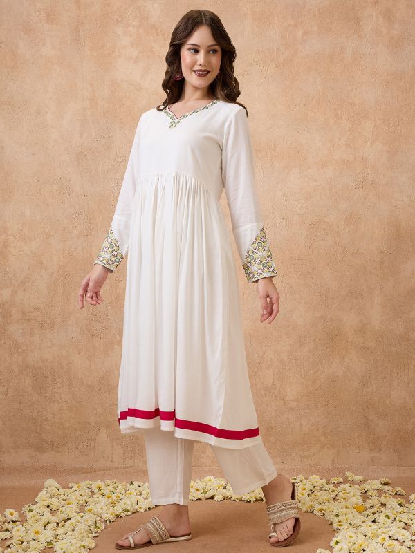 Globus Women Off-White V-Neck Embroidered Hem Long Sleeves Anarkali Kurta & Straight Pant Festive Set