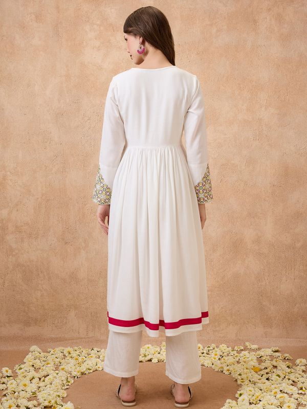 Globus Women Off-White V-Neck Embroidered Hem Long Sleeves Anarkali Kurta & Straight Pant Festive Set