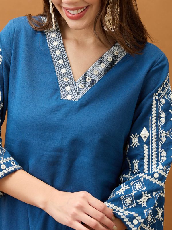 Globus Women Blue V-Neck Bell Sleeves Embroidered & Mirror Work Detail Gotta Lace Straight Kurta With Pant Festive Set