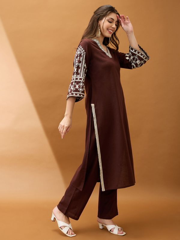 Globus Women Brown V-Neck Bell Sleeves Embroidered & Mirror Work Detail Gotta Lace Straight Kurta With Pant Festive Set