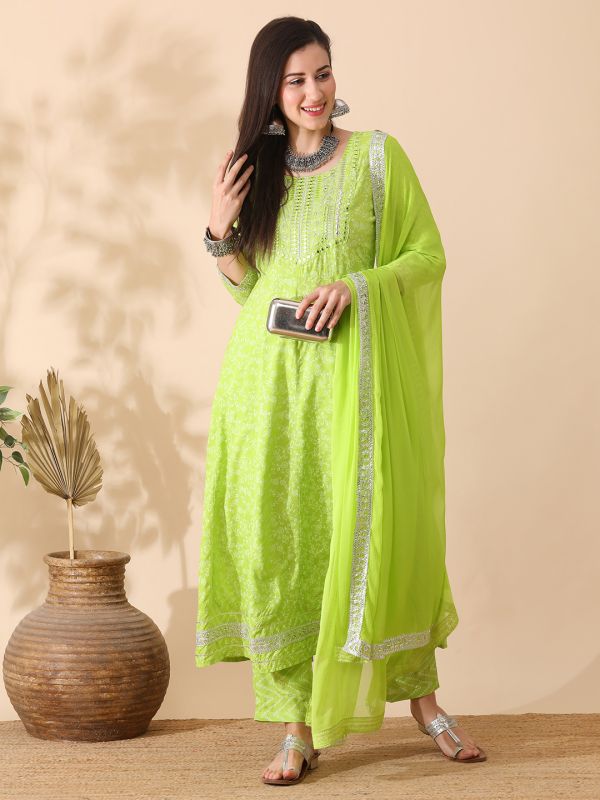 Globus Women Green Embroidered Yoke Floral Print Anarkali Kurta With Narrow Pants & Dupatta Festive Set