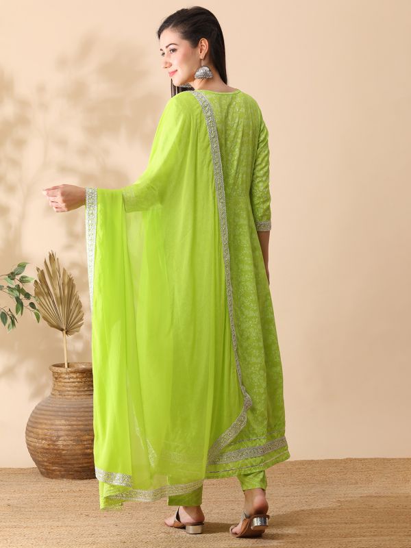 Globus Women Green Embroidered Yoke Floral Print Anarkali Kurta With Narrow Pants & Dupatta Festive Set