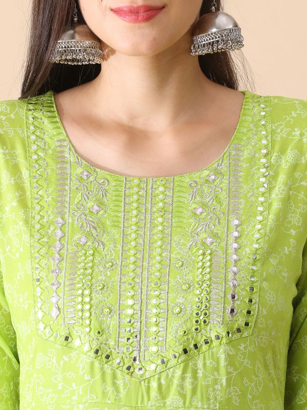 Globus Women Green Embroidered Yoke Floral Print Anarkali Kurta With Narrow Pants & Dupatta Festive Set
