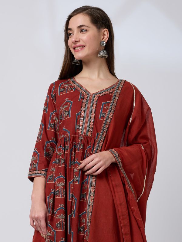 Globus Women Maroon V-Neck Ethnic Print Mirror Work Pleated A-Line Kurta With Striped Pants & Gotta Lace Dupatta Workwear Set