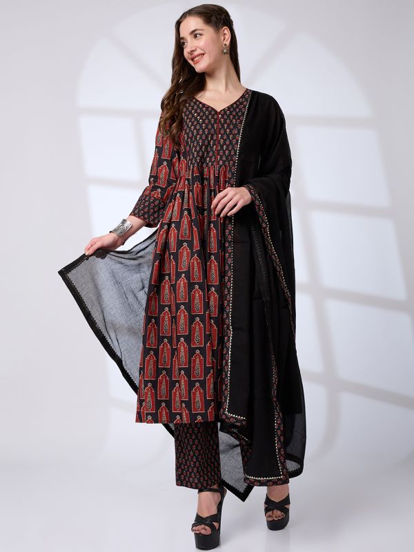 Globus Women Black V-Neck Ethnic Print Sequinned Pleated A-Line Kurta With Pants & Gotta Lace Dupatta Workwear Set