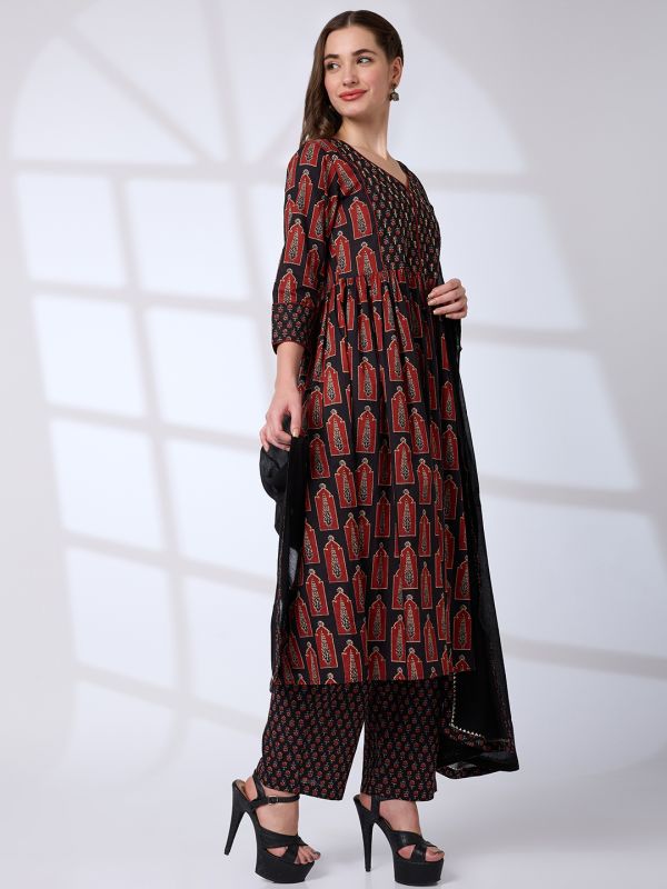 Globus Women Black V-Neck Ethnic Print Sequinned Pleated A-Line Kurta With Pants & Gotta Lace Dupatta Workwear Set