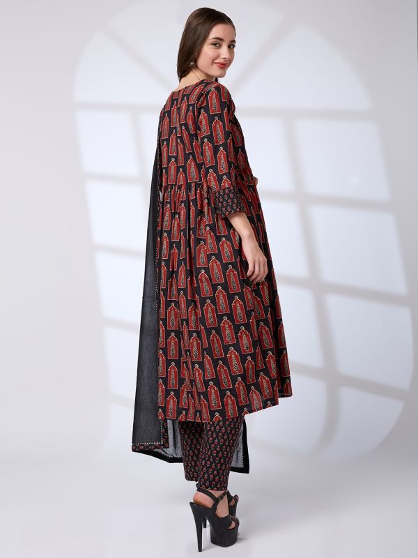 Globus Women Black V-Neck Ethnic Print Sequinned Pleated A-Line Kurta With Pants & Gotta Lace Dupatta Workwear Set